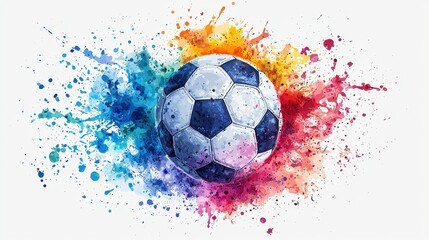 Colorful Watercolor Soccer Ball with Vibrant Splashes of Paint in Background