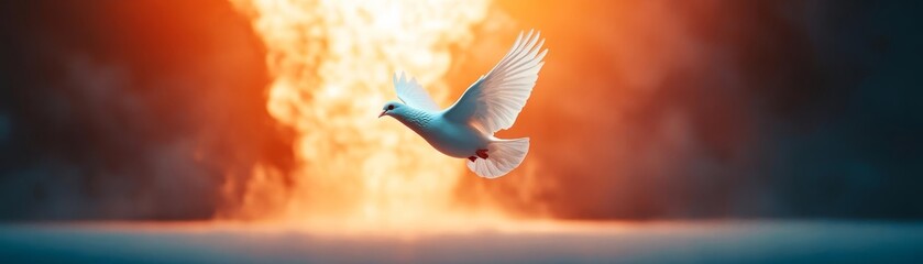 Obraz premium Symbolic white dove flying toward a nuclear explosion, nuclear bomb, peace versus destruction