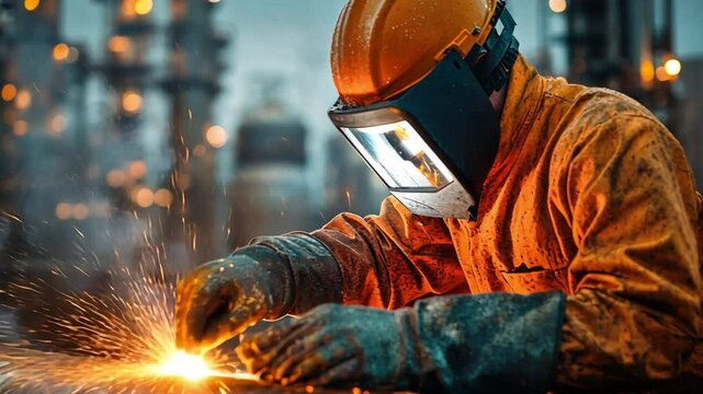 Welder at Work: Intense sparks fly as a skilled welder, clad in protective gear, expertly crafts metal in an industrial setting. The image showcases precision, dedication.