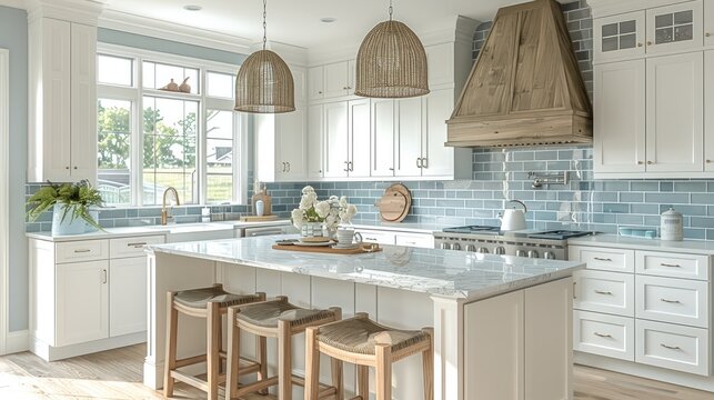 A modern coastal style kitchen with an island, white cabinets and glossy light blue subway tile backsplash.