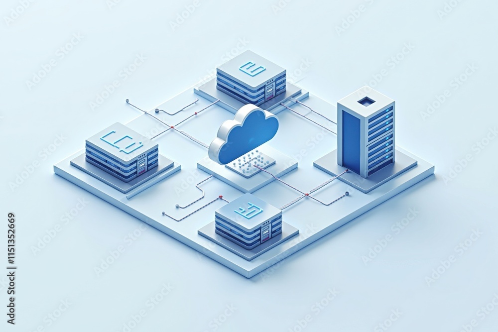 Poster 3D isometric diagram of a cloud hub connecting servers and data centers, showcasing modern cloud computing infrastructure