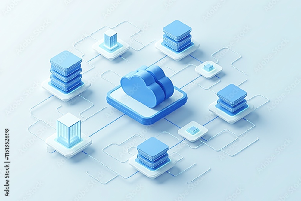 Fototapete Isometric 3D cloud hub connecting multiple data nodes and servers in a sleek, futuristic digital network design.