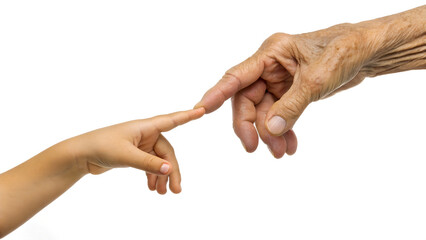 a young and a old hands touching index finger isolated on white background. in the concept of hope faith and passion