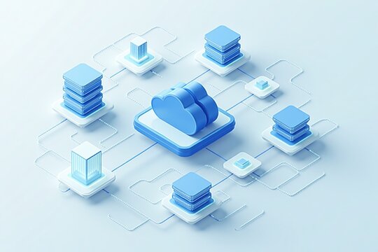 Isometric 3D cloud hub connecting multiple data nodes and servers in a sleek, futuristic digital network design.