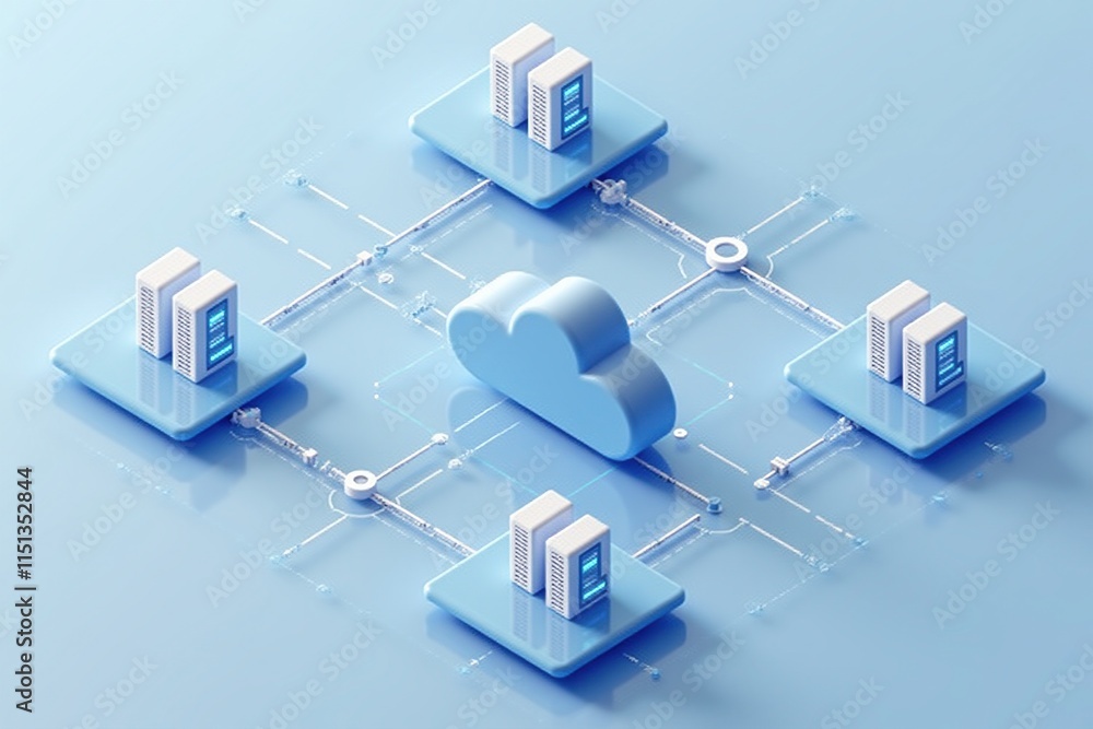 Poster Cloud computing - A 3D illustration of a cloud computing network, showcasing data servers and interconnected devices in a minimalistic design.