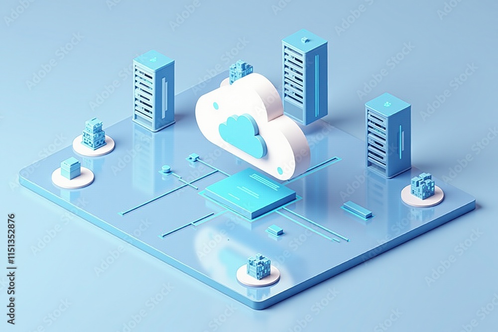 Poster Cloud computing - A 3D illustration of a cloud computing network, showcasing data servers and interconnected devices in a minimalistic design.