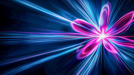 Vivid neon floral burst illuminating cosmic blue background