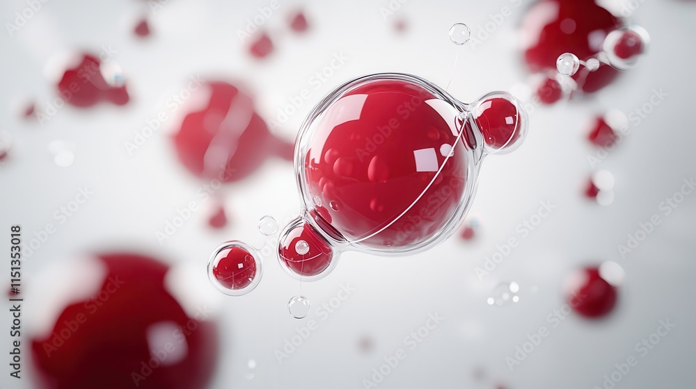 Poster red spheres within transparent droplets against light gray background in abstract design
