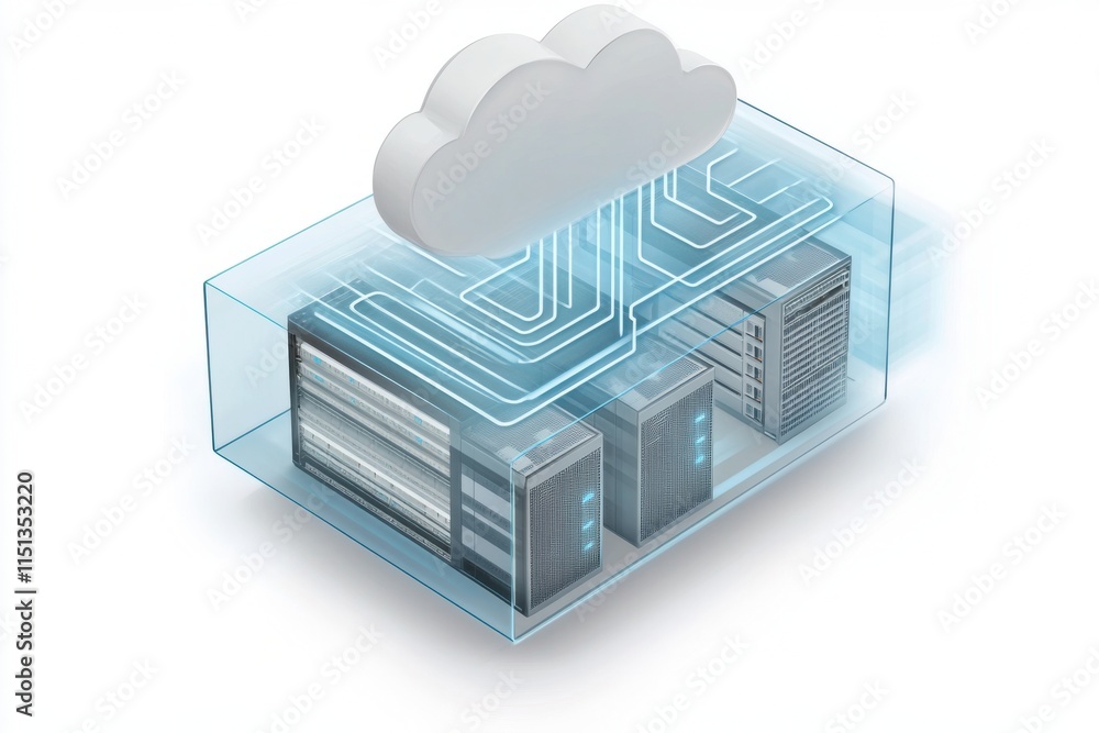 Poster Cloud computing - A 3D illustration of a cloud computing network, showcasing data servers and interconnected devices in a minimalistic design.