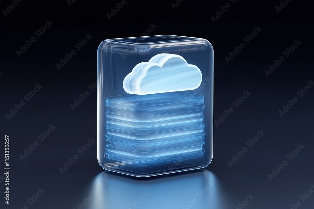 Poster Sleek 3D representation of a glowing cloud within a transparent box, symbolizing secure and modern data storage solutions