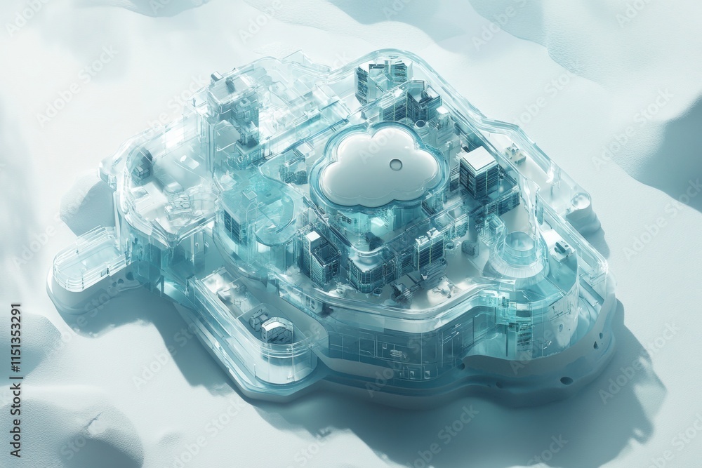 Poster Cloud computing - A 3D illustration of a cloud computing network, showcasing data servers and interconnected devices in a minimalistic design.
