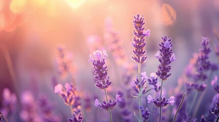 Lavender flowers, soft pastel colors, sunlight, nature background, calm atmosphere, floral beauty, close up view of blooming lavender in a serene environment, tranquility