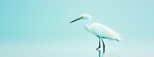 Elegant white heron in a tranquil light blue environment.