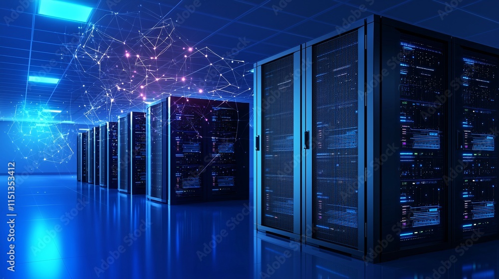 Poster a cutting-edge healthcare data center with secure servers managing private health records, futuristi