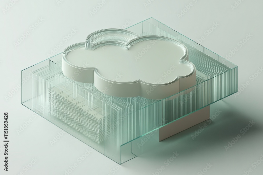Poster Cloud computing - A 3D illustration of a cloud computing network, showcasing data servers and interconnected devices in a minimalistic design.
