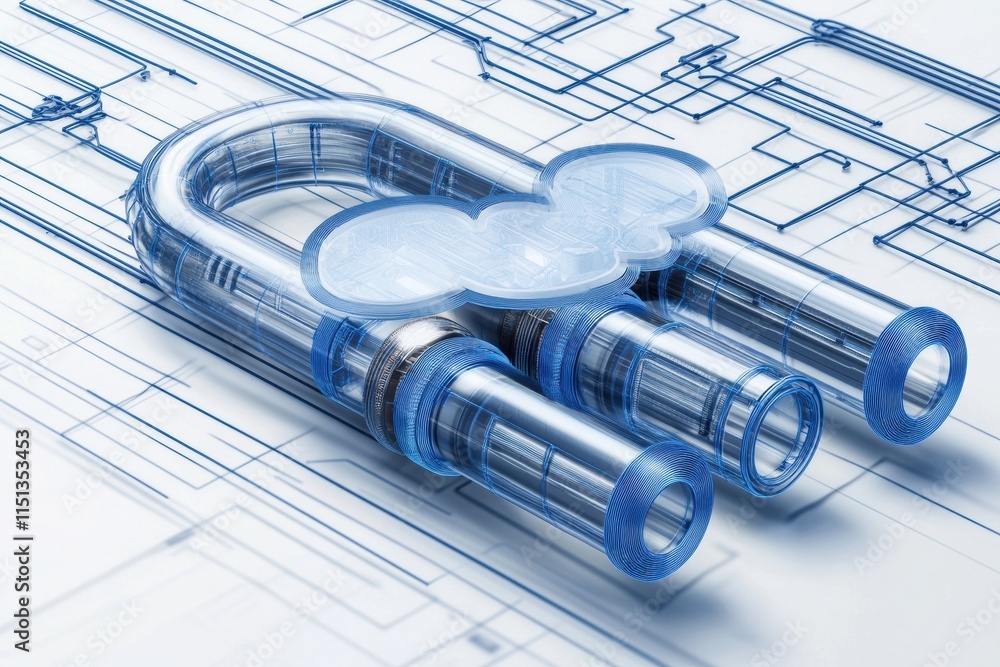 Poster Cloud computing - A 3D illustration of a cloud computing network, showcasing data servers and interconnected devices in a minimalistic design.