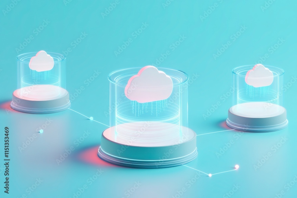 Poster minimalist 3d illustration of cloud storage pods linked by glowing lines, set against a vibrant teal