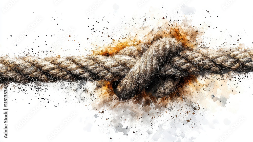 Poster abstract art of twisted rope knot with splashes of color on a white background