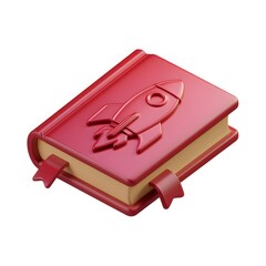 Red Book with 3D Rocket Design on Cover, Perfect for Space and Adventure-Themed Stories. Isolated on White Background.