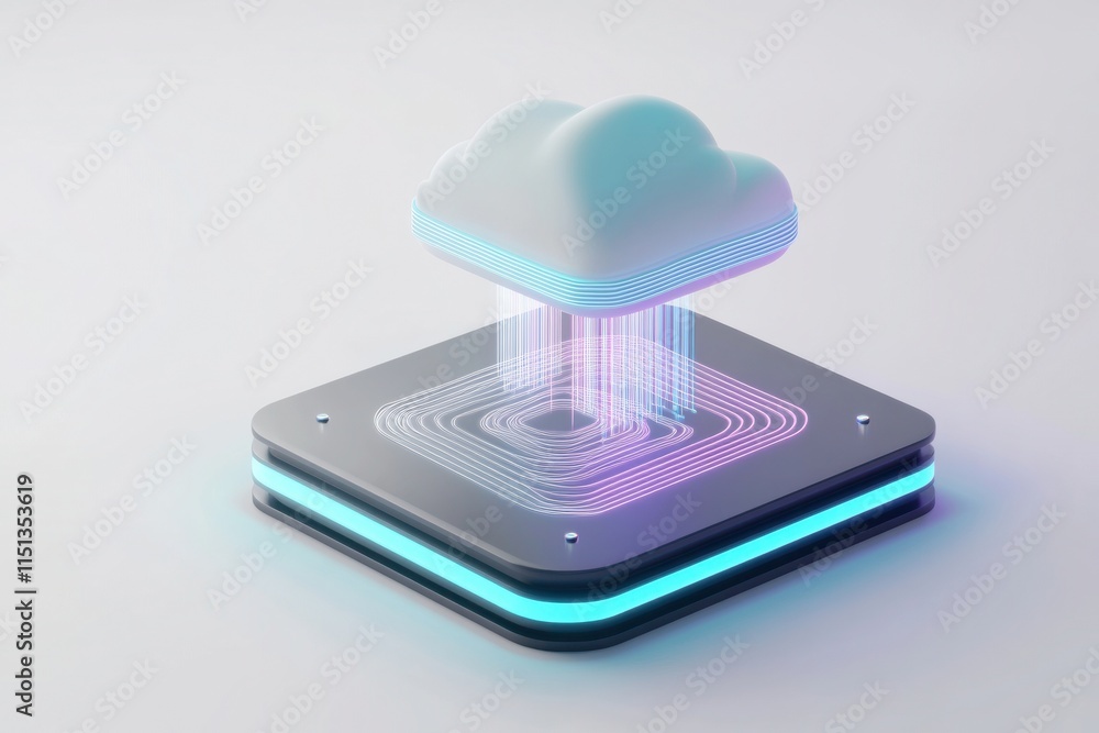 Poster Cloud computing - A 3D illustration of a cloud computing network, showcasing data servers and interconnected devices in a minimalistic design.