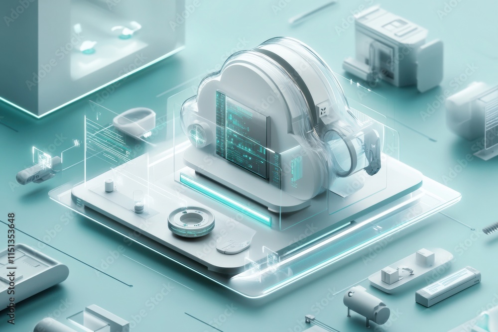 Poster intricate 3d depiction of cloud computing with futuristic devices, connections, and a teal-toned dig