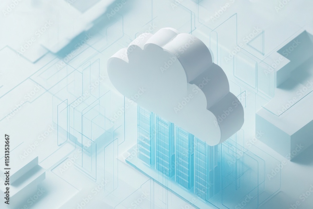 Poster minimalist 3d illustration of cloud technology integrated with digital servers, symbolizing modern d