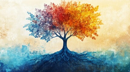 A single tree with roots and branches spreading out, with each leaf in a unique color or pattern to represent diversity growing from a common foundation. 