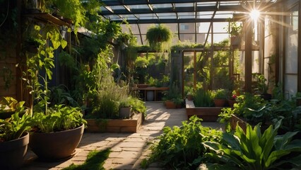 Lush plants thrive in a sunlit urban rooftop garden, showcasing sustainable practices