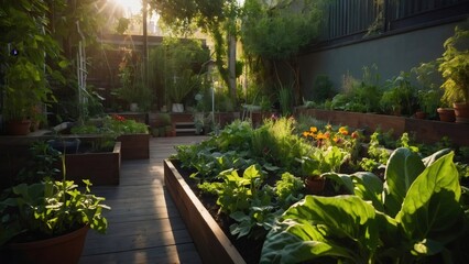 Fototapeta premium Homegrown vegetables and herbs thrive in raised garden beds, bathed in the warm glow of sunset, promoting sustainable living
