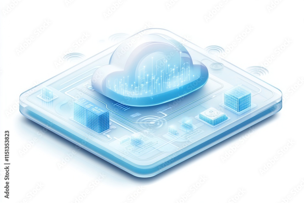 Poster Cloud computing - A 3D illustration of a cloud computing network, showcasing data servers and interconnected devices in a minimalistic design.