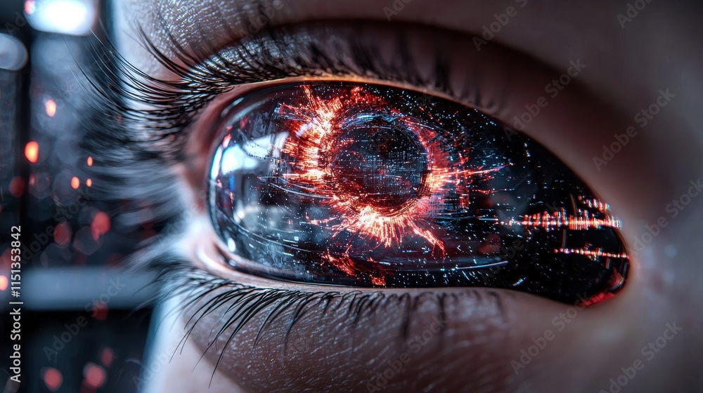 Poster futuristic cybernetic eye with digital interface and glowing red elements in a sci-fi setting