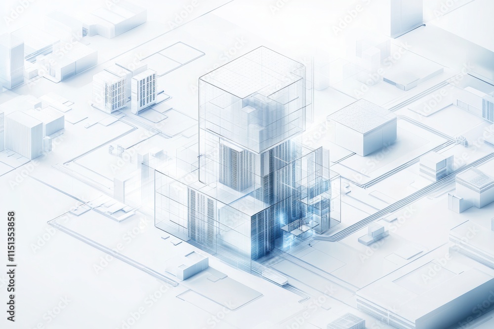 Poster Cloud computing - A 3D illustration of a cloud computing network, showcasing data servers and interconnected devices in a minimalistic design.