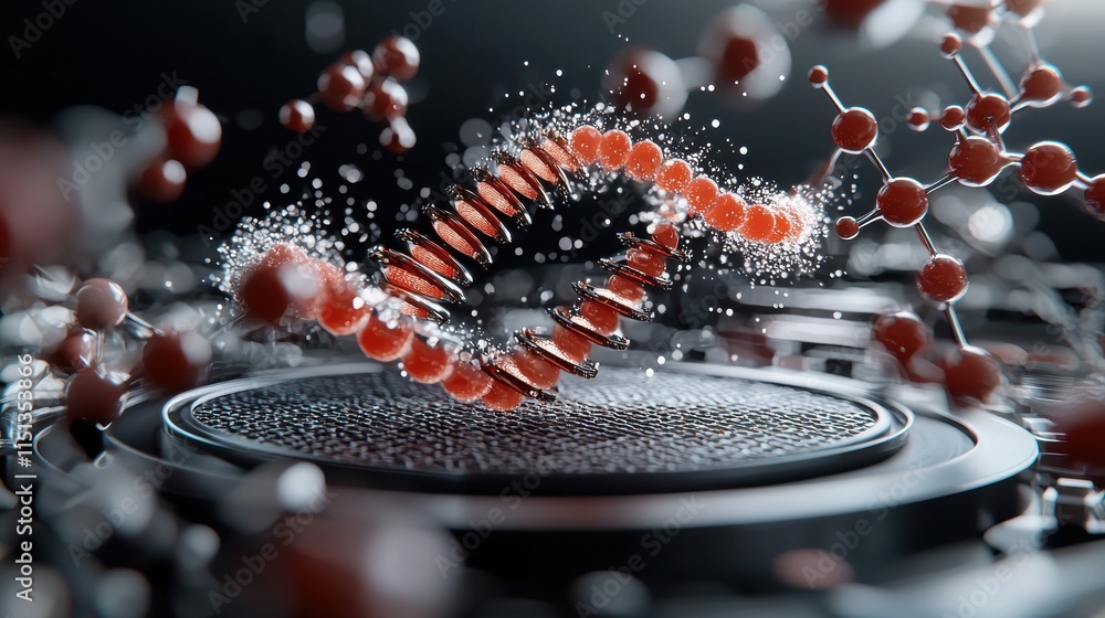 Poster futuristic dna helix with molecular structures in a high-tech laboratory setting