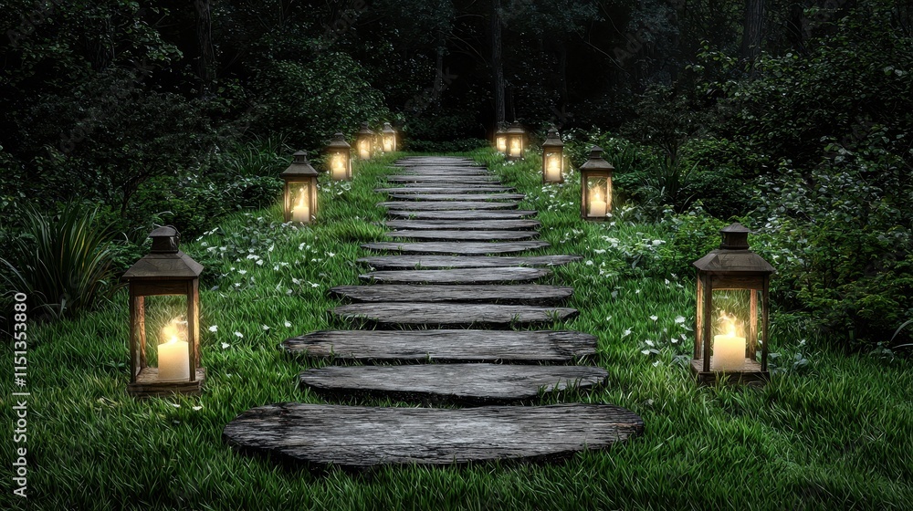 Aufkleber serene forest pathway illuminated by lanterns in a tranquil night setting