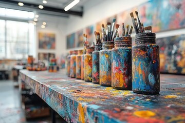 a vibrant art studio filled with canvases and paint-splattered surfaces, showcasing a creative chaos with colorful paints, brushes, and art supplies scattered around, radiating artistic energy