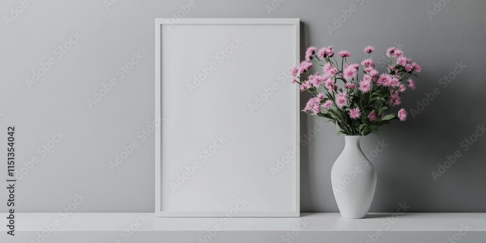 Poster white frame mock up featuring an empty layout with a vase of pink aster against a gray wall, perfect