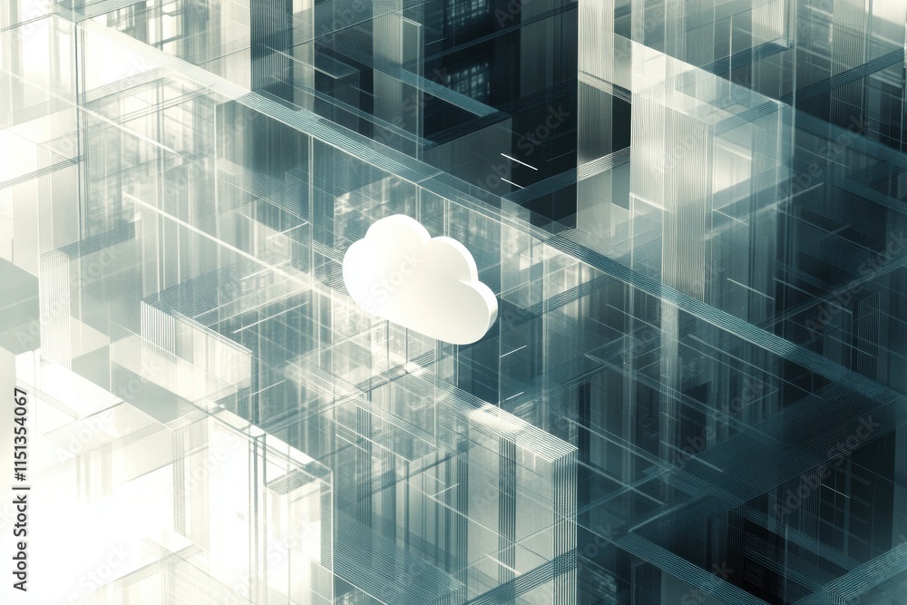 Poster Cloud computing - A 3D illustration of a cloud computing network, showcasing data servers and interconnected devices in a minimalistic design.
