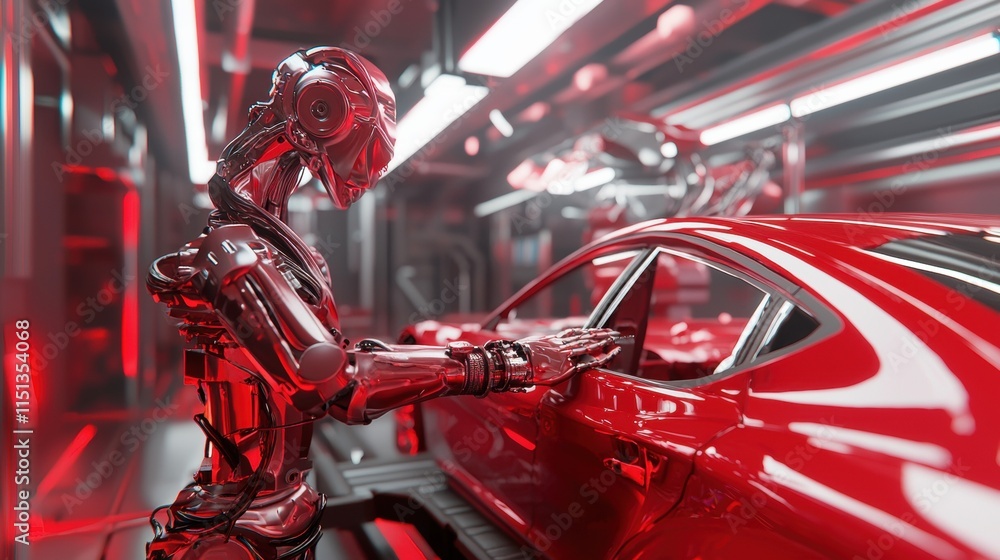Poster futuristic robot assembling red car in high-tech factory with reflective surfaces and advanced machi