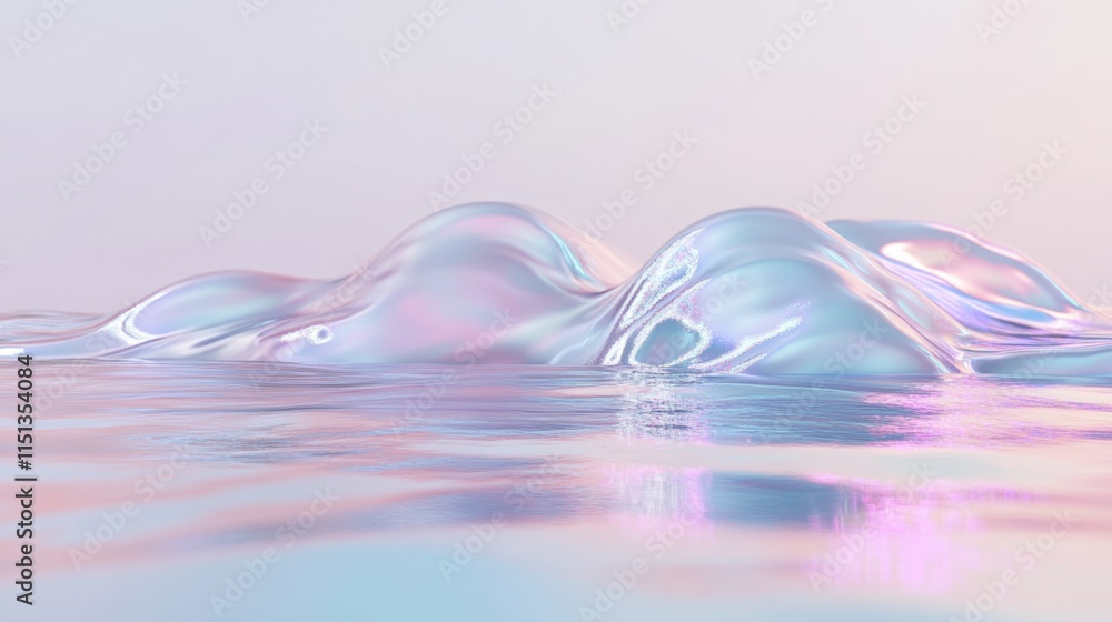 Poster a realistic foil texture with shimmering holographic gradients on a clean white surface, creating a 