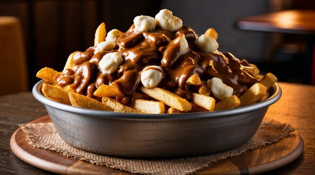 Close-up of a hearty serving of poutine in a rustic metal bowl.  Crispy fries, cheese curds, and rich gravy.