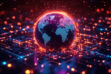 Obraz premium a vibrant digital representation of the metaverse, featuring a neon-colored global world with interconnected patterns symbolizing technology and future energy