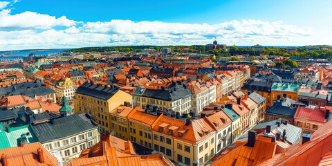 Naklejka premium Cityscape view of orange rooftops