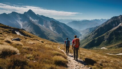 Fototapeta premium Two hikers are trekking on a scenic mountain path, enjoying the panoramic view of a majestic valley