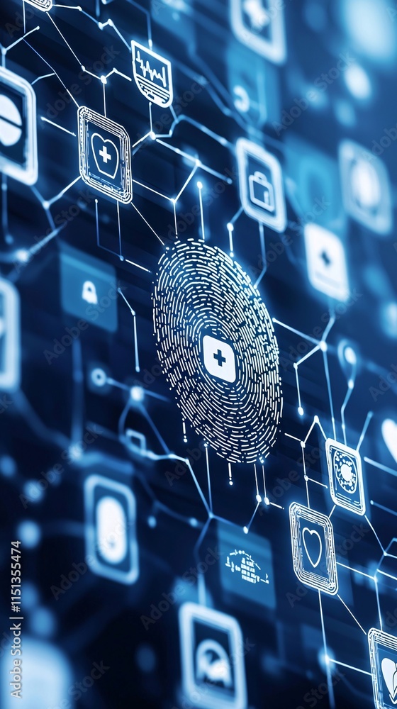 Poster an abstract image of a biometric fingerprint overlaying digital health icons, symbolizing secure acc