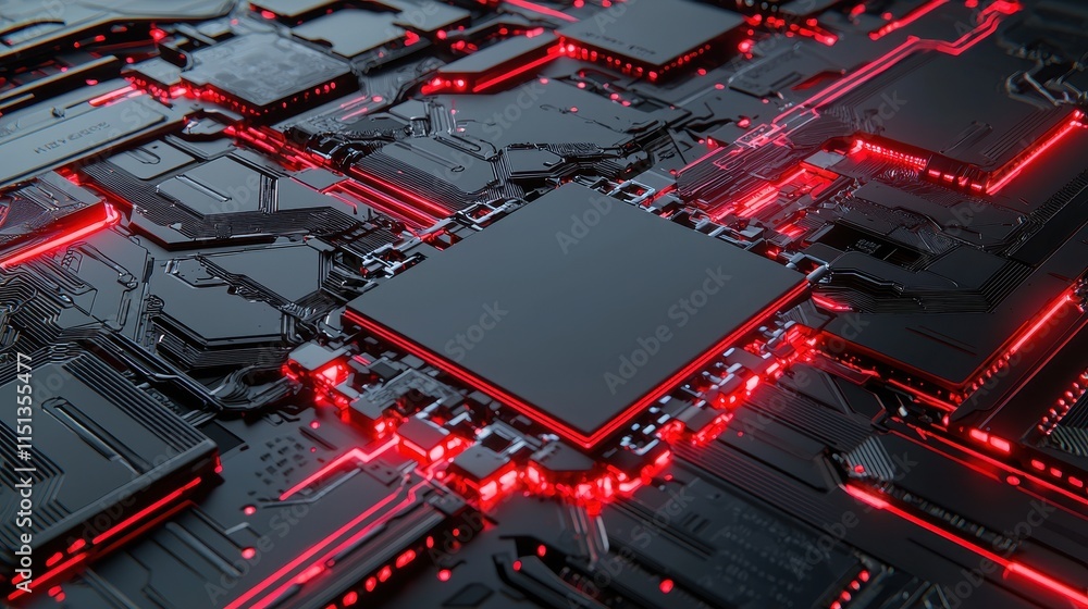 Poster circuit board design with red neon lights in a close-up high-tech background