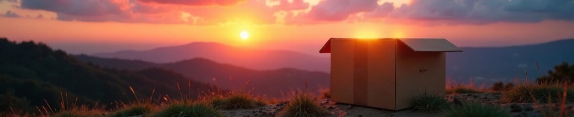 Glowing cardboard box on a hillside at sunset with sky behind it, landscape, sun, glow