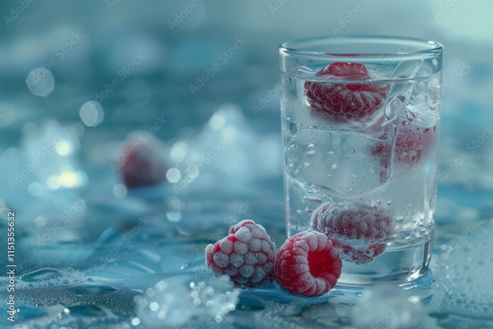 Poster refreshing summer drink with frozen raspberries and ice cubes in sparkling water, creating a cool an