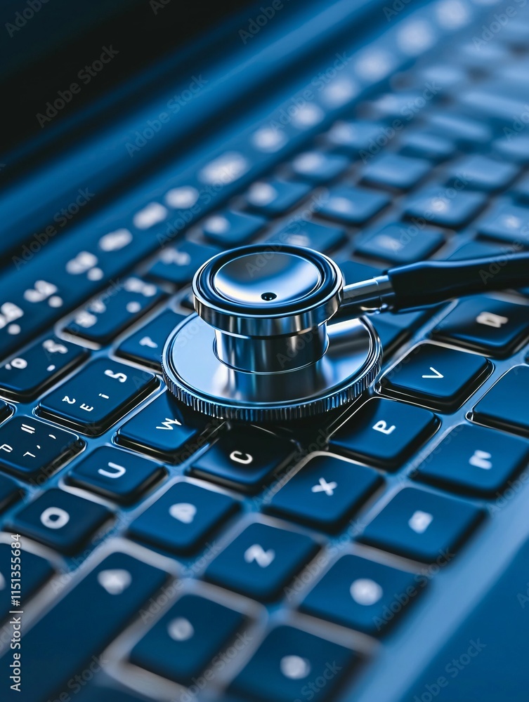 Poster a stethoscope resting on a keyboard, representing the intersection of health information and digital