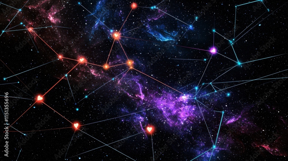 Poster cosmic network of stars with colorful connections in deep space background