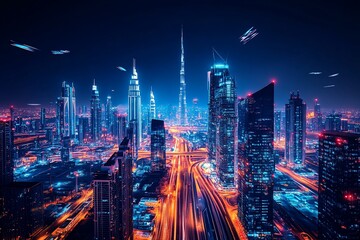 Fototapeta premium Night skyline with illuminated buildings and roads.